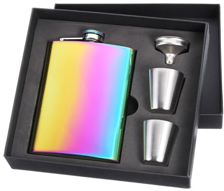 sourcing map Hip Flask for Liquor 8oz Stainless Steel Leak Proof Drinking Flask with Cup and Funnel for Camping Hiking Outdoor Activity, Rainbow