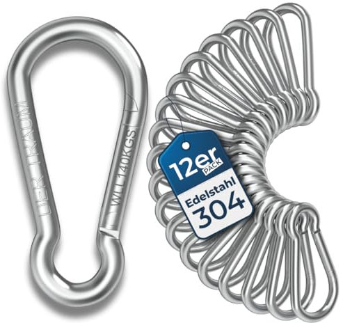 Der Traum 12 Stück Karabinerhaken Edelstahl, 6 x 60mm – Karabiner mit Belastbarkeit von 140 KG – Ideal für Schlüsselanhänger, Camping, Wandern, Reisen, Angeln, Rucksack (Silber)