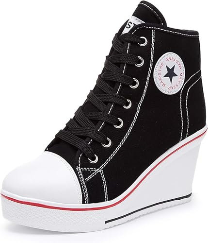 nulala Zapatillas de lona para mujer, con tacón de cuña, zapatillas con altura de tacón, zapatillas de plataforma para correr, para deporte, tiempo libre, Negro , 36 EU