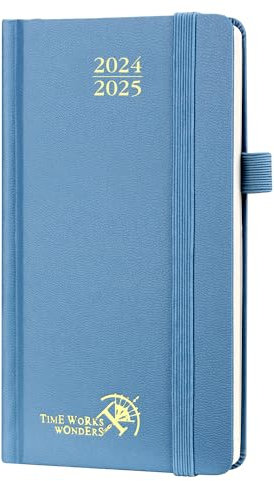 POPRUN Taschenkalender 2025 Klein Hardcover 16,5 x 9 cm (Aug.2024-Dez.2025) - Kalender 2025 Klein - Terminplaner, Planer 1 Woche 2 Seite mit Innentasche - Dunstblau