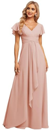 JAEDEN Damen Brautjungfernkleider Chiffon V-Ausschnitt Abendkleid mit Ärmel Formelle Hochzeit Party Kleid Staubige Rose 40