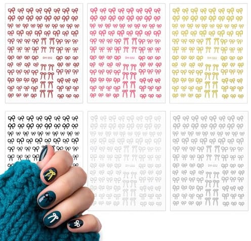 LASUROA 6 Sheets Bow Nail Stickers, Self-Adhesive 3D Colored Bowknot Nail Decals for Home Salon (6 Colors)
