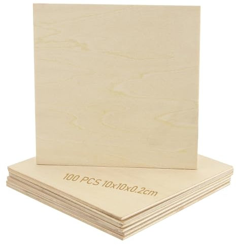 MAHIONG 100 fogli di legno di tiglio, 10 x 10 x 0,2 cm, quadrati di legno grezzo, sottili fogli di compensato di legno, ritagli in legno per artigianato, incisione laser