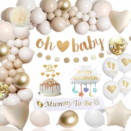 Babyparty Deko Mädchen,Baby Shower Deko Mädchen Junge mit Luftballons Weiße Gold,Babyshowerparty Deko mit Mummy to Be Sash,Gender Reveal Party Dekoration Boy Girl