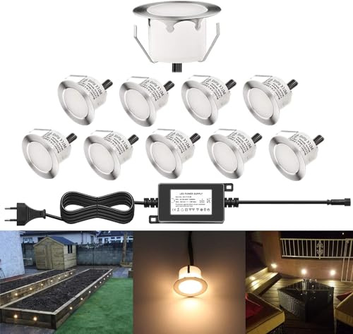 DarisingSun 10er Mini LED Terrassen Einbaustrahler Außen, 12V 1W Warmweiß | IP67 wasserdicht, inkl. 12 V Netzteil, Mini 45 mm, 75 lm 3000 K, einfache Montage, Edelstahl, für Terrasse, Treppen & Garten