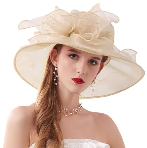 ZESLIV Chapeau en organza pour femme - Chapeau de mariage - Chapeau de soleil avec fleurs en organza - Chapeau d'été - Protection solaire - Chapeau de plage