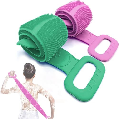Sunolkie 2-Pezzi Spazzola Bagno Schiena - Spazzola Bagno Silicone Massaggio Scrubber Schiena Bifacciale Multifunzionale Doccia Spazzol Esfolia Migliora La Pelle Facile da Pulire Unisex (verde, rosa)
