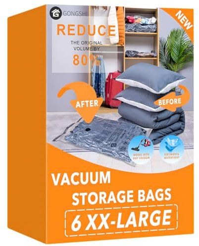 6 XX Large Vacuum Storage Bags, Space Saver Sealer Compression Bags for Blankets, Comforters, Pillows, Clothes Storage