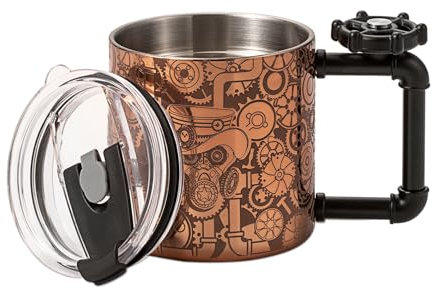 SKY FISH Funny Coffee Mug, Stainless Steel Iced Coffee Cup, Double Walled Office Gift Mugs, Novelty Drinking Glasses with Rotating Gyro Handle, Includes Lid and Straw (Rose Gold, 350ml)