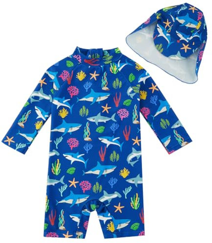 upandfast Costume da Bagno Intero per Bambini con Cappello da Sole(Squalo,3-6 Mesi)
