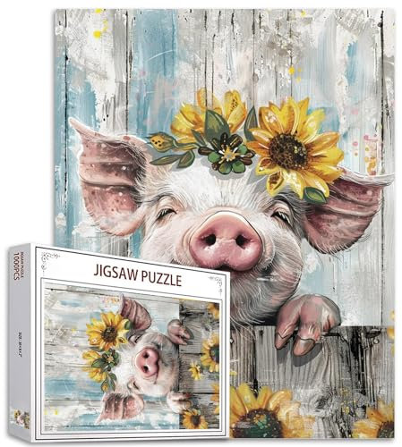 Tucocoo Cute Smile Pig Jigsaw Puzzles for Adults 1000 Pieces, Farmhouse Animal Sunflowers Retro Art Jigsaw Puzzle Colorful DIY Craft Puzzles for Home Decoration, Family Puzzle Perfect for Game Nights