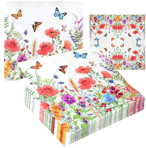 80 Stück Papierservietten mit Blumen Serviette Papierserviette Blumenwiese Schmetterlinge Servietten Blumenmuster für Party Dekoration,Frühling Geburtstage Partys Hochzeiten Feiern 33x33cm
