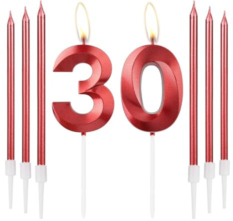 mciskin Red 30 Birthday Candles-3D Design Number 30 Candle for Cake with 6pcs Long/Thin Candles Set, Red Cake Topper for Women 30th Birthday Decorations Supplies,30th Wedding Anniversary Decorations