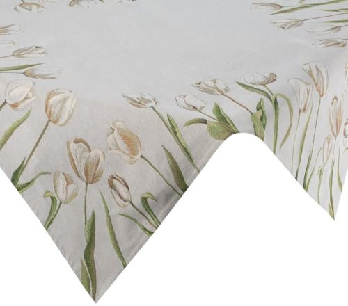 Eurofirany 4041/NAT Tischdecke Gobelin Tischtuch 100x100 cm Tulpen Blumen Rustikal Quadratisch Deko Tafeldecke Tischwäsche Mitteldecke Landhaus Retro