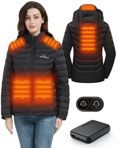 HEWINZE Veste chauffante pour Femme avec Capuche, Doudoune Chaude pour Femme avec Batterie 7,4 V, Veste d'hiver à Double Commande pour randonnée en Plein air Chasse Moto Camping