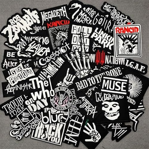Morale Patch, 50 Pcs Mixed Patches Band Rock Music Badges Punk Embroidery Skull Patches for Jacket Jeans Backpacks Hat Assorted Style Badges Clothes Stickers DIY Applique Stripe (C)