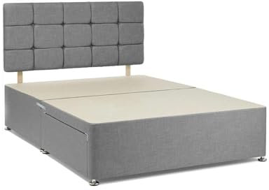 Divan Beds Deals - Linen Divan King Size Bed Frame | Bedroom Furniture Bed Base with 20” Cubc Headboard & 2 Storage Drawers | Divan King Size Bed Frame (Grey) (200Lx150Wx30H)