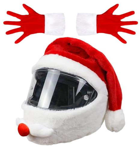 Couvre-Casque De Moto du Père Noël,Casque Père Noël Personnalisé avec Gants De Noël, Housse Protection Complet Full Face Casque Couvre-Casque Peluche Dessin Bonnet PèRe pour Hommes, Femmes