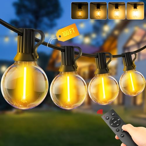 Outdoor Garden String Lights LED - 100Ft 30M Festoon Light Mains Powered | Remote Control, Dimmable, Timeable, Waterproof, Shatterproof, Outside Lighting, Bulb Hanging, Balcony Gazebo Patio Pergola