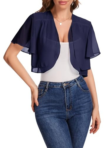 Bbonlinedress Cardigan Boléro Court Femme en Mousseline de Soie Gilet à Manches Évasées Courte Gilet Boléro Veste Elégant Chic pour Mariage Soirée Casual Navy 2XL