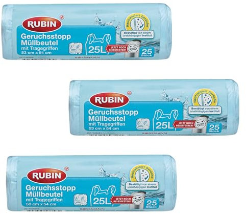 3x RUBIN Geruchsstopp Müllbeutel mit Tragegriffen 25L | 3 x 25 Stück mit Trennhilfe, neutralisiert Gerüche, Maße (BxH): ca. 53x54 cm | 1x Bebe feste Duschpflege