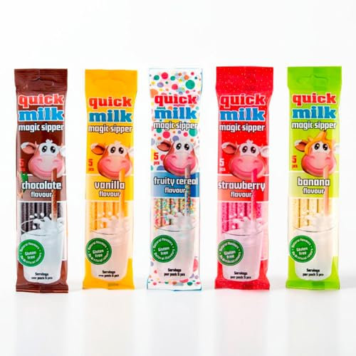 QUICK MILK Magic Sipper Set - Choco+Banana+Vanilla+Strawberry+Frutty Cereal (5 Bags of 5 Milk Drinking Straws) Dekond