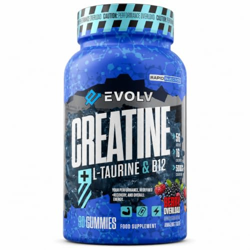 Creatine Monohydrate Gummies + L-Taurine & B12 | 90 Vegan | Overload Creatine Gummies 5000mg | Pre Workout & Post Workout Energy for Men & Women | Sugar-Free Creatine Max
