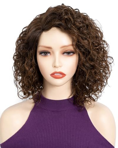 FASHION IDOL Kurze lockige Echthaar-Bob-Perücken für Frauen Tragen und gehen Tiefe Welle Lace Front Perücke C-Teil 12“ Perücke Vorgezupft mit Baby Haar Middele Braun ang Asche Braun 180% Dichte