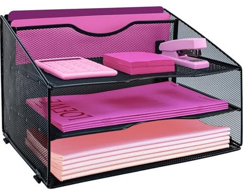 ideallife Desk File Organizer, Mesh Letter File Folder Holder with 3 Paper Trays and 2 Vertical Upright Section for Office Supplies, Workspace - Black