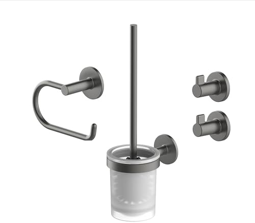 Lenz Bad-Accessoire-Set SIVO in Graphit – 4-teilig – Toilettenpapierhalter, WC-Bürstengarnitur und Zwei Handtuchhaken – Zum Kleben oder Bohren – Mit Anti-Fingerabdruck Oberfläche – 4290052