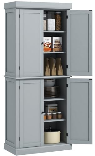 HOMCOM Armoire de Cuisine Buffet Cuisine vaisselier Meuble de Rangement Style Moderne avec placards, étagères réglables, pour Salle à Manger, Salon, 76 x 40,5 x 184 cm, Gris
