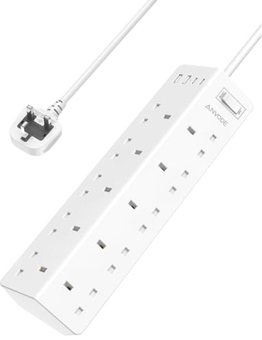 10 Way Extension Lead with USB Ports(2 USB C), ANVODE Multi Plug Power Strip with Switch, Plug Extension Socket for Home Office Dorm, 2M Extension Cord, White