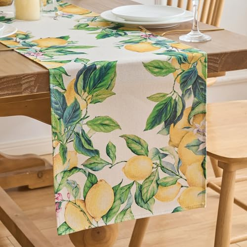 Tischläufer Zitrone Outdoor Zitronenmotiv Tischdecke Zitronen Grün Gelb Polyester Bauernhaus Tischplatte für Frühling Küche Esstisch Dekoration Drinnen Urlaub Party Wohnzimmer Dekor 40 x 140 cm