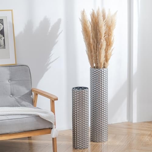 Sziqiqi Bodenvase Groß Metall Silber: 70/55 cm Hoch Große Vasen für Boden Set aus 2 für Trockenblumen Pampasgras Kunstblumen - Wabenmuster Blumenvase Groß für Wohnzimmer Flur Home Wohnung Esszimmer