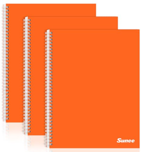 SUNEE A4 Notebook, Pack of 3 Notepads, Wirebound Notebooks, 80gsm Premium Paper, 100 Sheets / 200 Pages, 8mm Lined with Margin, 4-Hole Punched and Perforated Edge, Orange