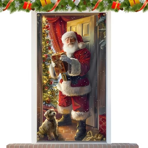 Christmas Front Door Cover - 70x35 Inch Santa Claus Flag for Holiday Decoration, Outdoor Banner with Festive Display Function, Christmas Door Cover for Home Garage Porch Patio Garden Yard Farmhouse