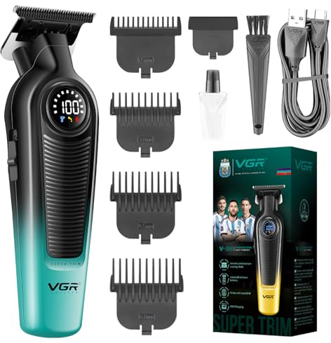 VGR 996 Konturen Haarschneidemaschine Profi, Kabelloses Trimmer Herren mit 7000 U/Min Turbolader, Barttrimmer Herren mit Keramisch Titanbeschichteten Klingen, LED Anzeige und USB Ladefunktion, Grün