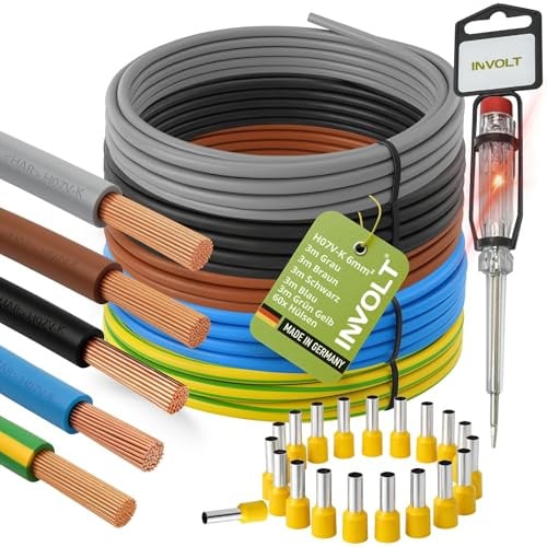 INVOLT Set di cavi H07V-K da 6 mm², cavo da 5 x 3 m, 60 terminali, tester di fase