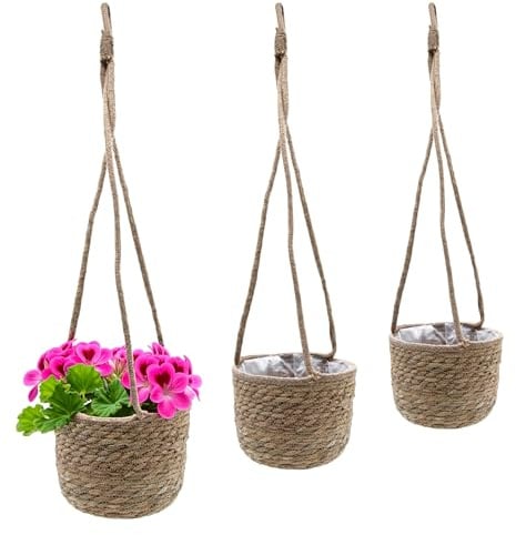 Spetebo Seegras Blumenampel 3er Set Natur - 23/20/17 cm | Deko Korbset zum Hängen, Pflanzkorb, Blumenkorb, Hängekorb, Aufbewahrungskorb