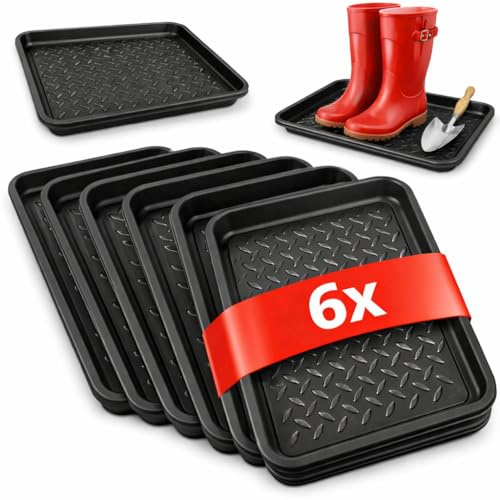 Stephans Möbelbörse 6er Set Schuhabtropfschale – Schuhwanne aus Kunststoff für je 3 Paar Schuhe – 35 x 27 x 3 cm – Schwarz – Abtropfmatte mit hohem Rand