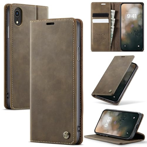 Cracedily Wallet Case for iPhone XR Leather Wallet Flip Cover with Card Holder, Kickstand, Magnetic Closure, RFID Blocking TPU Shockproof Phone Case Compatible with iPhone XR, Coffee