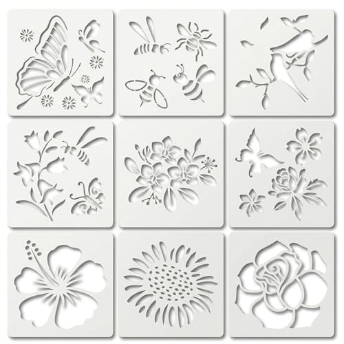 URYVAIW 9 Stück Schmetterling & Blumen Malschablonen Set, 10×10cm Wiederverwendbare Kunststoff-Schablonen für Malerei, Scrapbooking & DIY