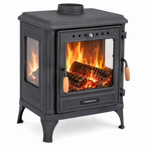 Hosseven Stufa a legna per soggiorno, 8005CK Panorama, 3 lati in vetro, 7 kW, stufa a legna, stufa svedese, multiuso