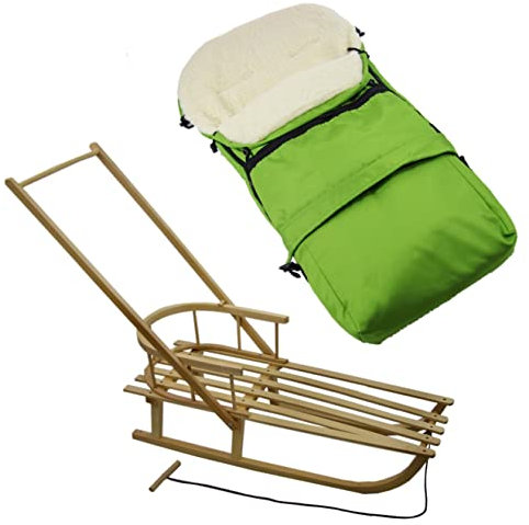Rawstyle *KOMBIPAKET* HOLZSCHLITTEN mit Rückenlehne incl. Zugleine + WINTERFUSSSACK 3 in 1 aus Lammwolle für Kinderwagen Wolle - Lehne -Kinderschlitten - Schlitten aus Holz Kinderschlitten NEU (Grün)