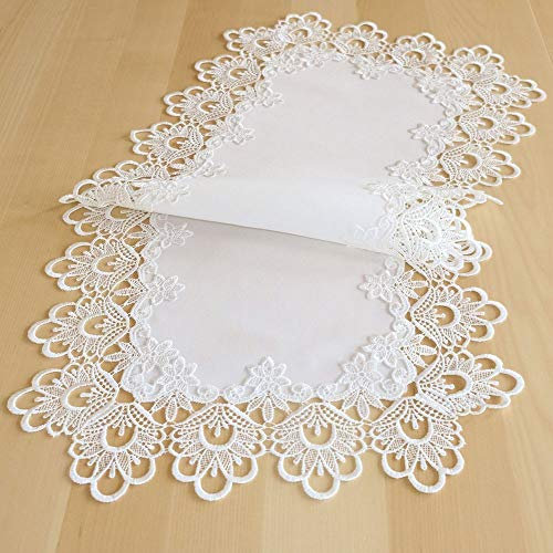 matches21 HOME & HOBBY Tischläufer INES 40 x 90 cm edle Spitzenbordüre Mitteldecke wollweiß Vintage Tischdeko Polyester