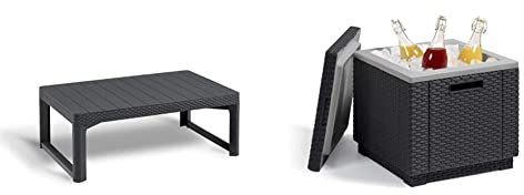 Keter 232300 Mimbre Efecto 'Allibert Lyon – Comedor/Mesa De Café – Negro/Grafito + Ice Cube Mesa Nevera para Jardín, Grafito