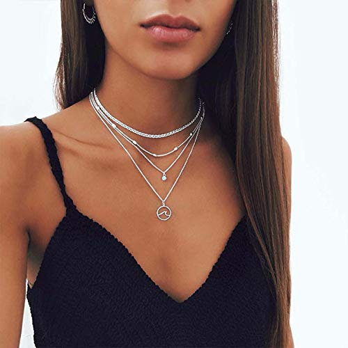 TseenYi Halskette mit Ozeanwellen-Anhänger, Silber, Kristall-Halskette, Satellitenhalsband, Vintage-Kette, Schmuck für Damen und Mädchen, Kristall Silber, Strass
