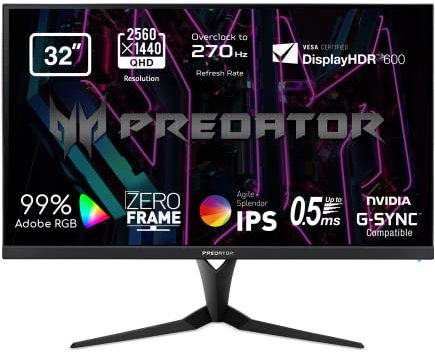 Acer Predator XB323UGXbmiiphzx Monitor Gaming PC 32, Display IPS WQHD, 240 Hz, 1 ms, 16:9, G-SYNC Compatible, HDMI 2.0, DP 1.2, USB3.0, Regolazione in Altezza, Speaker, Cavi HDMI, DP, USB3.0 Inclusi