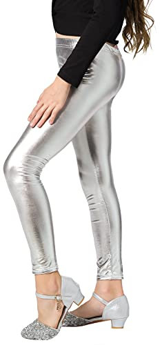 Adorel Mädchen Leggings Glänzend Metallisch Disco Hosen Silber 140-146 EU (Herstellergröße 150)