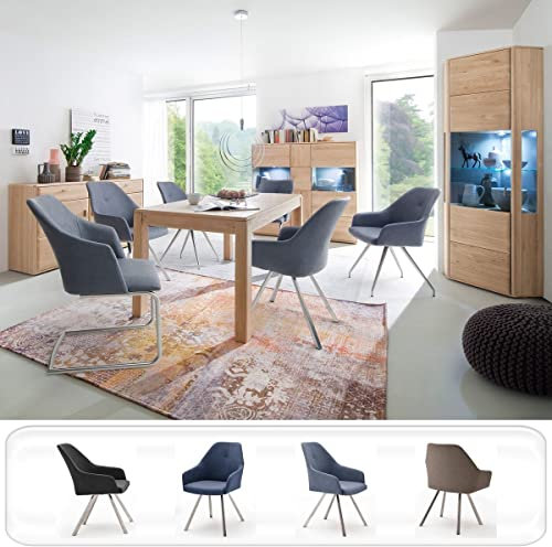 expendio Esszimmer Torrent 146 Eiche Bianco massiv + Stühle Marion A1 Kunstleder graublau LED Eckschrank Esszimmerschrank Sideboard Highboard, Anzahl Stühle:mit 6 Stühlen